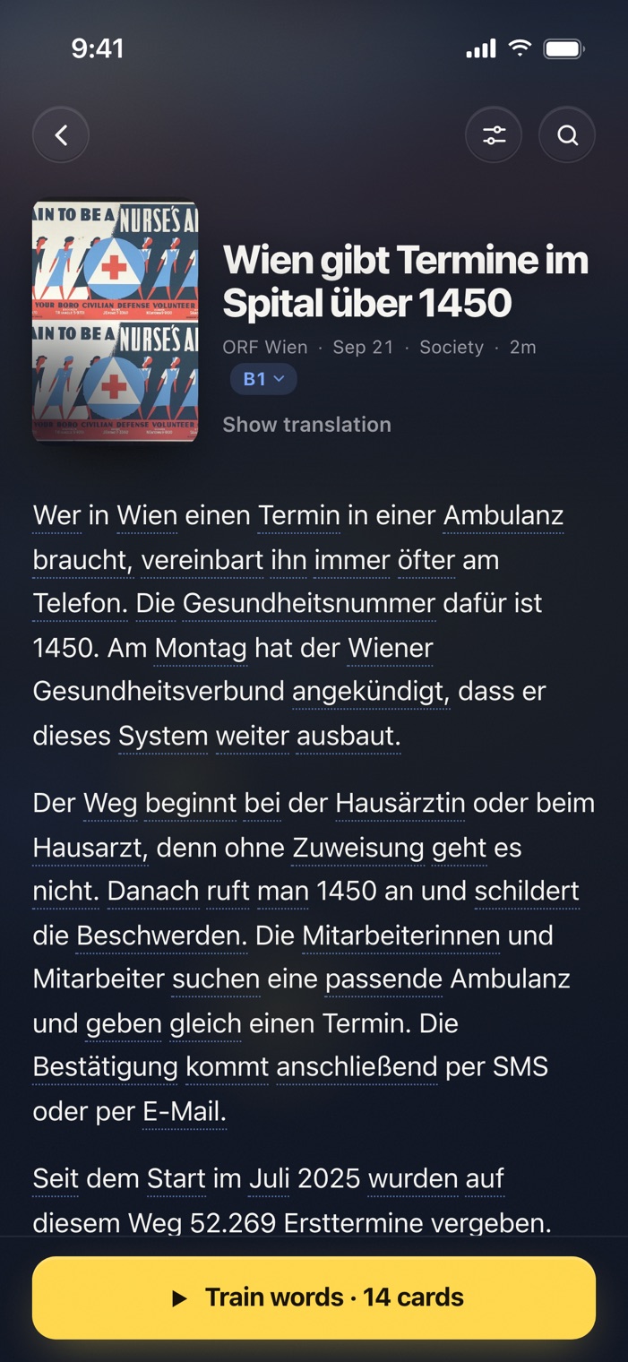 A news piece at B1: Wien gibt Termine im Spital über 1450, with a level picker and Show translation.