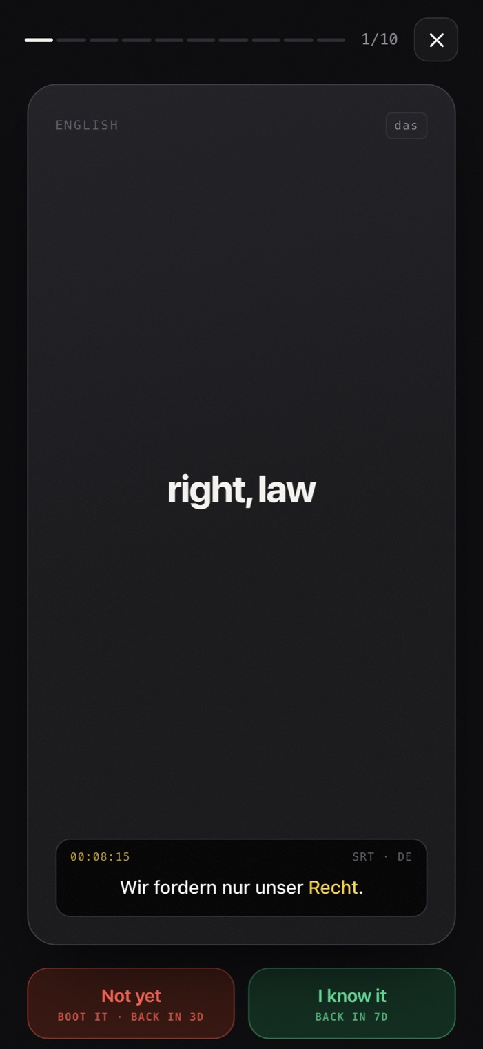 A Langvie card turned over: das Recht, right, law, and the line Wir fordern nur unser Recht at 00:08:15.