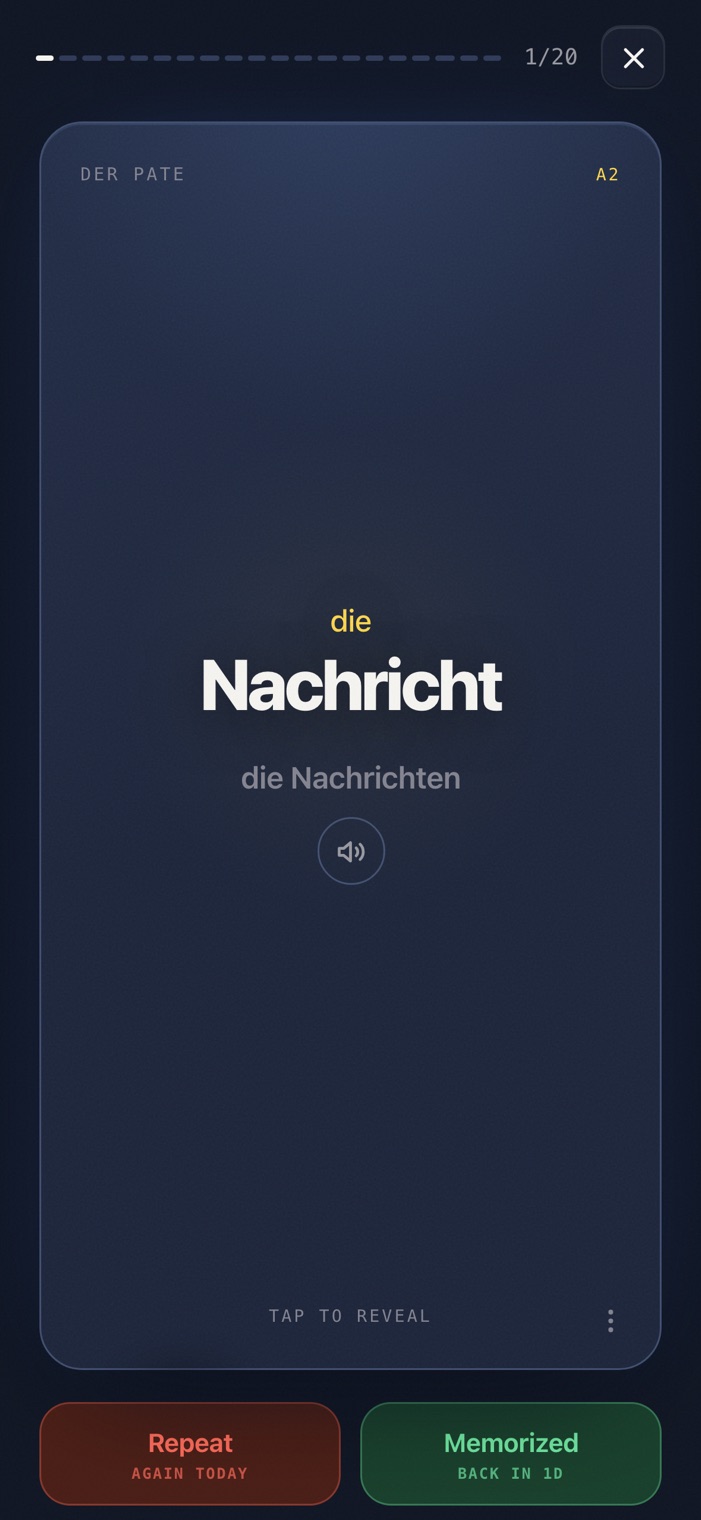 A Langvie card, front side: die Nachricht with its plural die Nachrichten and a speaker button under it, above the two answers Repeat and Memorized.