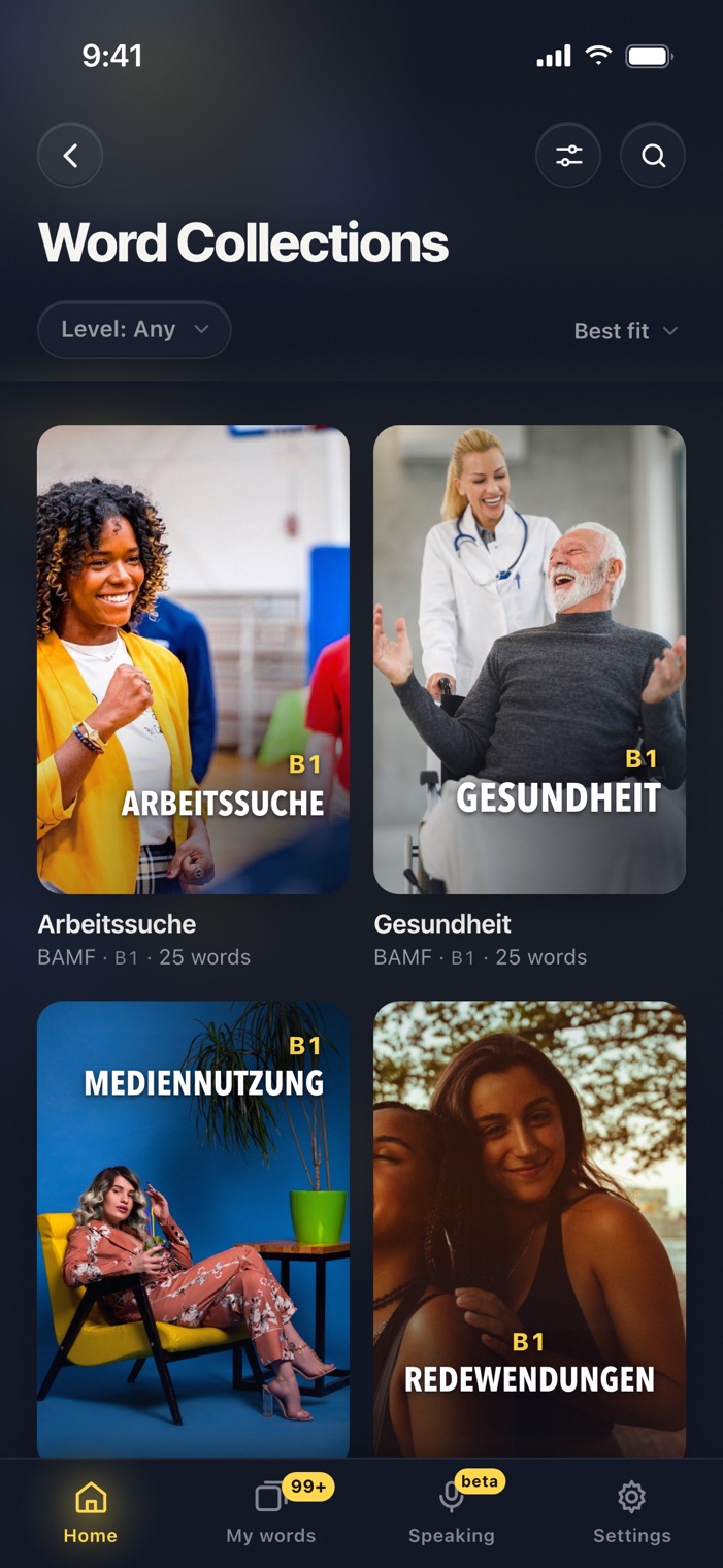 The Word Collections shelf in Langvie: Arbeitssuche, Gesundheit, Mediennutzung and Redewendungen at B1.
