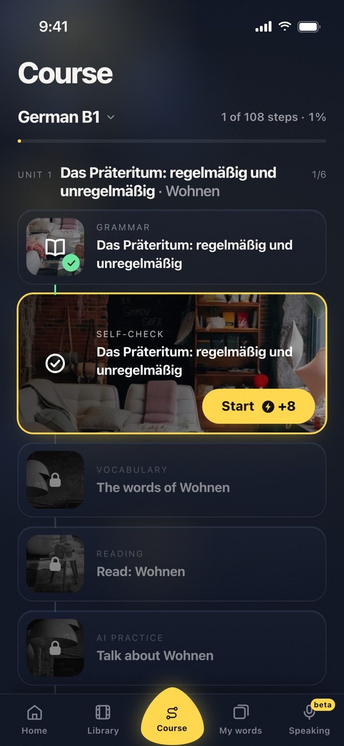 The Course at German B1: Das Präteritum with the topic Wohnen, in steps for grammar, self-check, vocabulary, reading and AI practice.