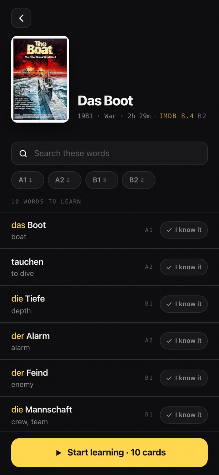 Das Boot open in Langvie, showing its words: das Boot, tauchen, die Tiefe, each with its meaning and level.