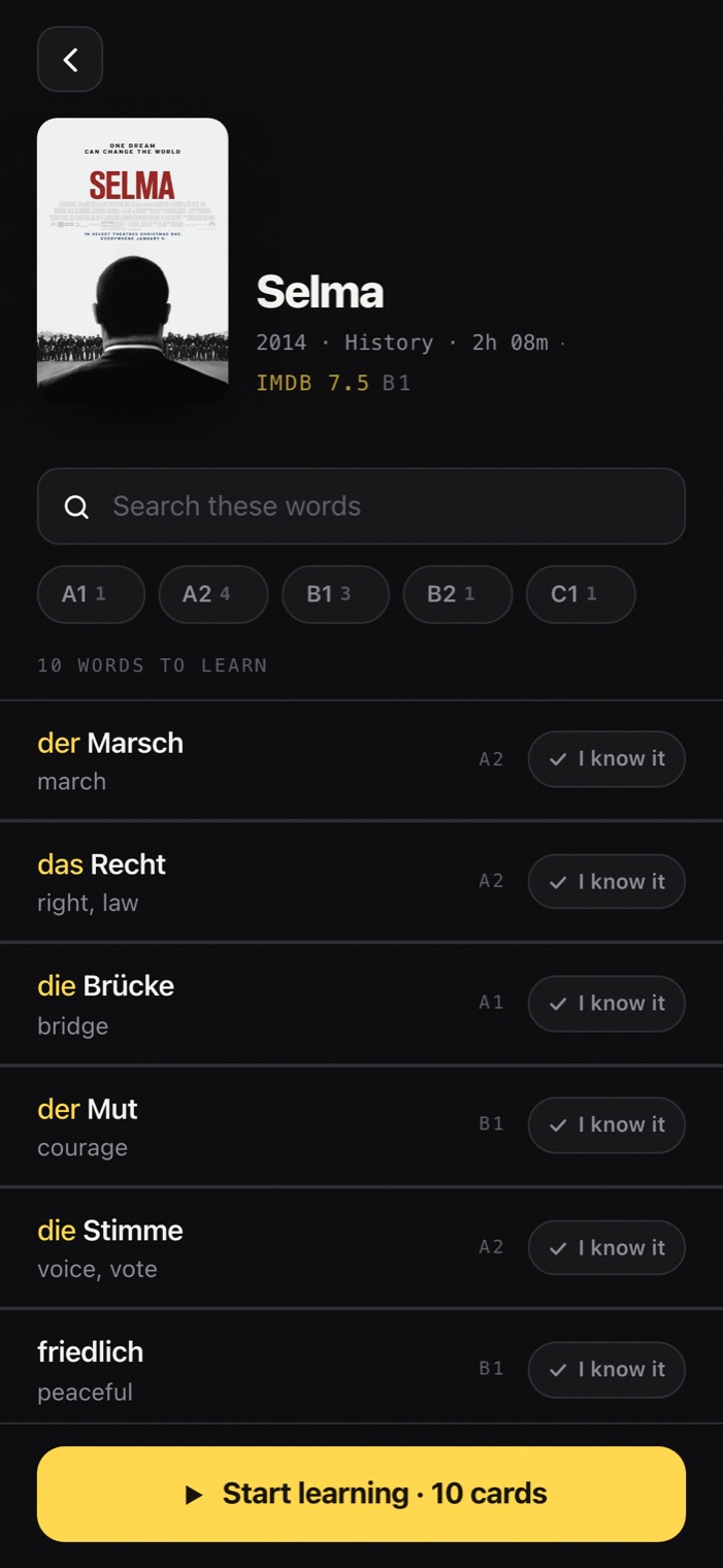 A film open in Langvie, showing its word list: der Marsch, das Recht, die Brücke, each with its meaning and level.