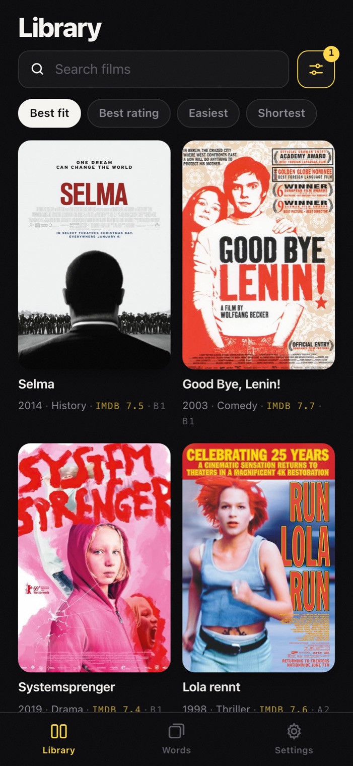 The Langvie library, a grid of German film covers with IMDb ratings and CEFR levels.