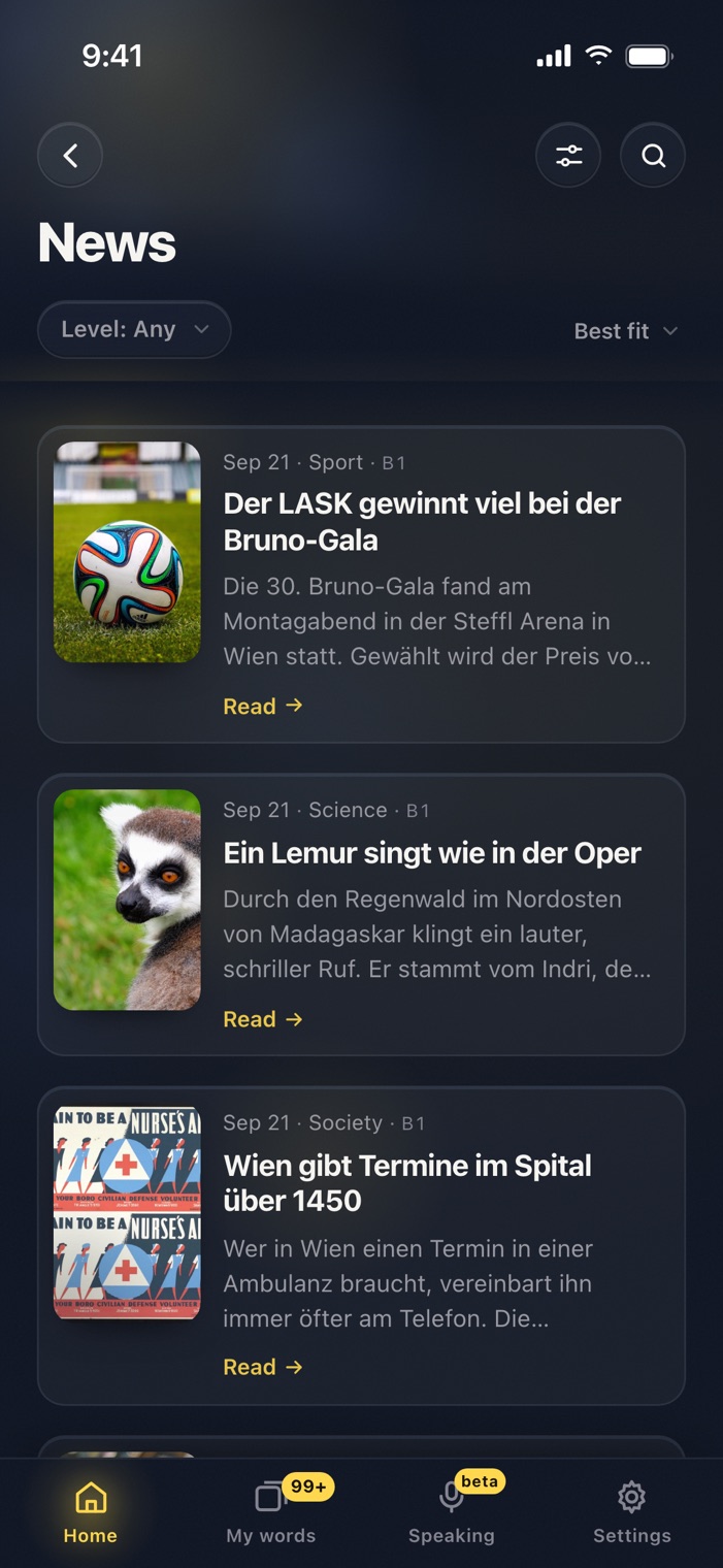 The News shelf in Langvie: stories on Bruno-Gala, a singing lemur and the 1450 health line, each with its level.