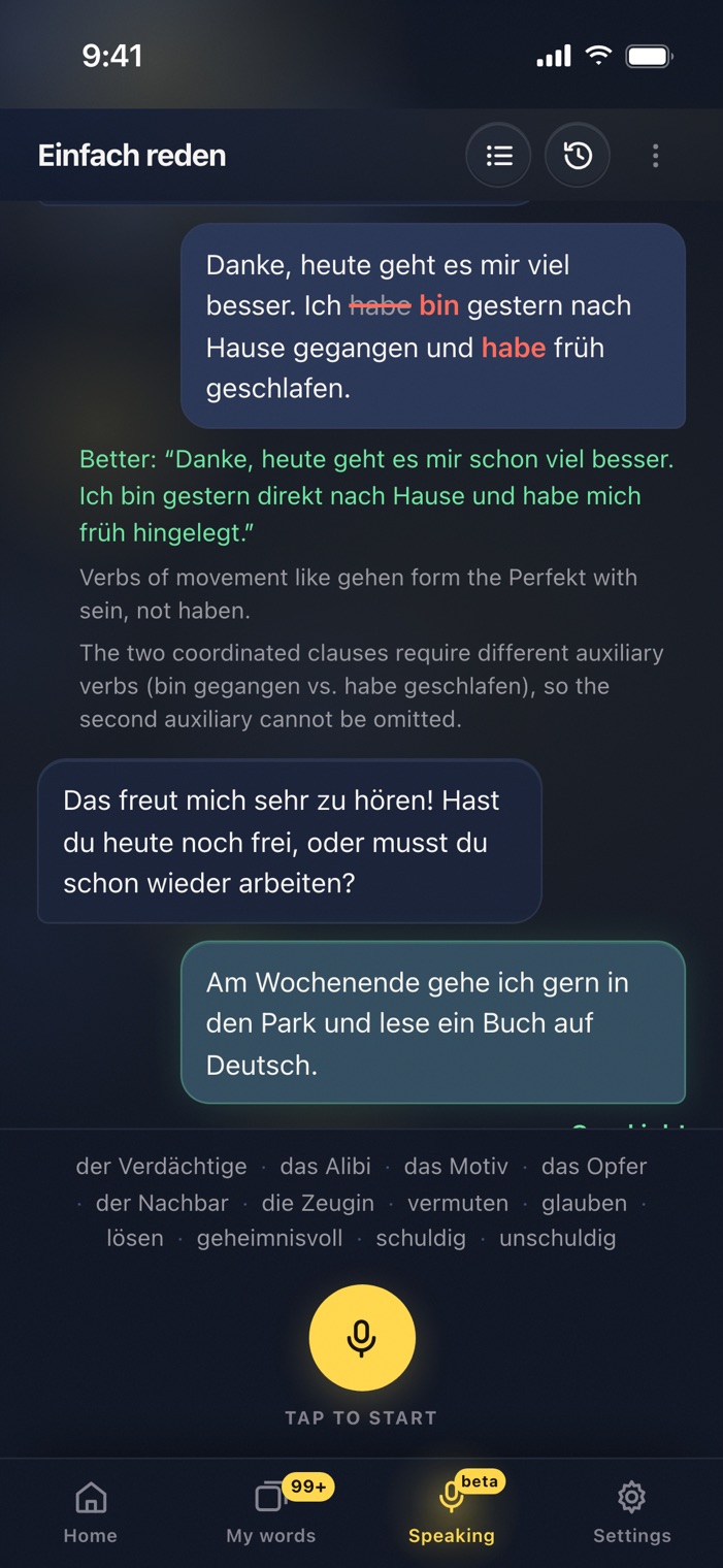 A speaking conversation in Langvie with the learner's habe corrected to bin and the better sentence shown in green.